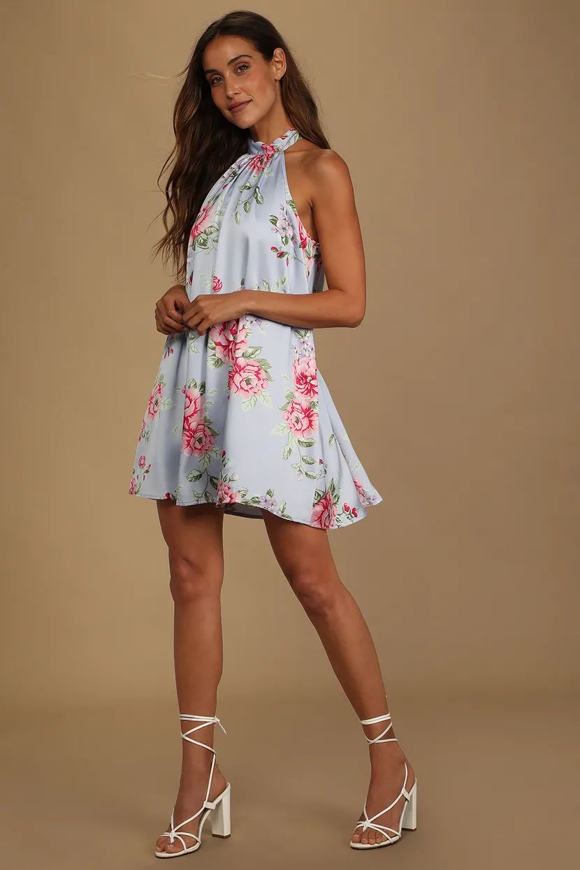 Get a Bloom Light Blue Floral Print Satin Halter Mini Dress | Lulus (US)