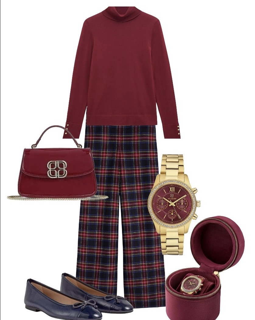 Burgundy and Navy - the hottest of AW25 trends including tartan! These wide leg check trousers by Boden, partnered with a burgundy merino roll neck by Hobbs, Kara navy ballerina flats and Annabelle top handle bag by LK Bennett is finished with some bling in the form of a gold watch by Sif Jakobs Jewellery. Other styles will help you mix and match this look - from workwear to weekends! 

#LTKautumn #LTKstyletip #LTKuk