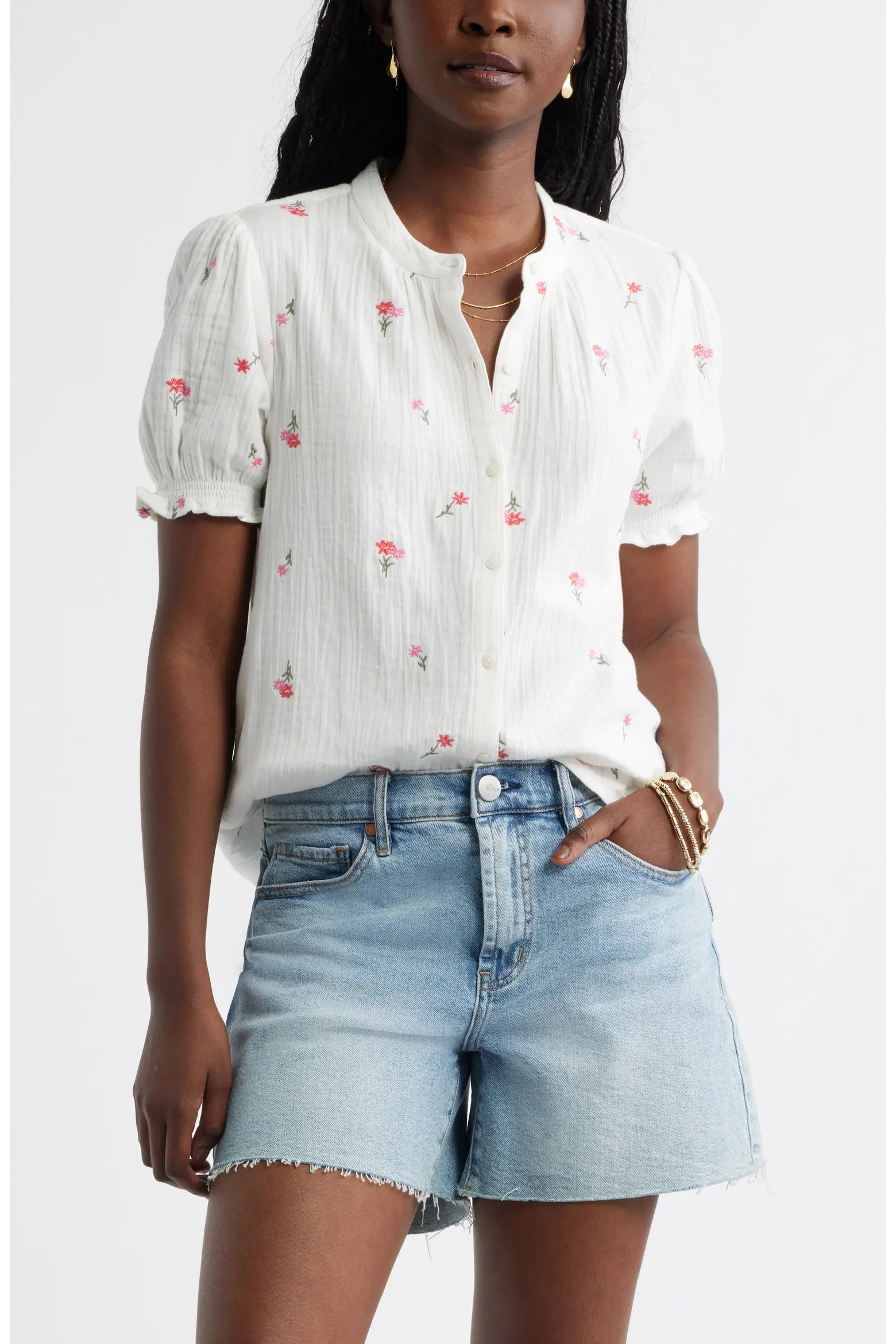 Short Sleeve Embroidered Flower Cotton Popover Top (Women) | Nordstrom | Nordstrom