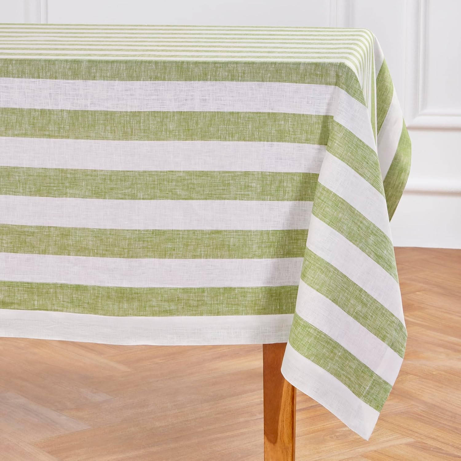 Solino Home Cabana Stripe Linen Tablecloth 120" L x 60" W Inch – 100% Pure Linen Green and Whit... | Amazon (US)