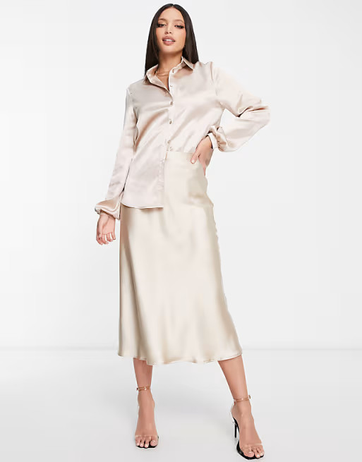 Flounce London Tall oversized shirt and midi skirt in mink satin - part of a set | ASOS (Global)