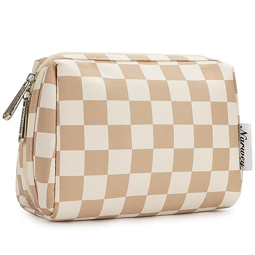 Narwey Small Checkered Makeup Bag for Purse Mini Cosmetic Bag Travel Makeup Pouch Zipper Pouch Cute Make up Bags with Compartments for Women Girls (Light Checkerboard, Small) | Amazon (US)