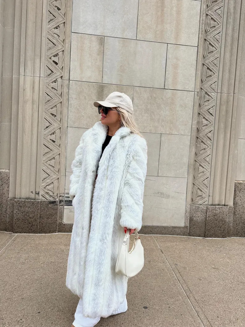 Vintage Fur Coat Faux Fur Full Length Long White Ivory Silver Fox Beige Mink Coat Winter Jacket Y... | Etsy (US)