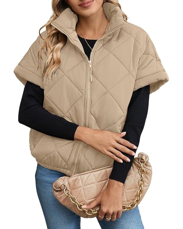 SHEWIN Quilted Jackets For Women 2024 Casual Lightweight Short Sleeve Zip Up Warm Vests | Amazon (US)