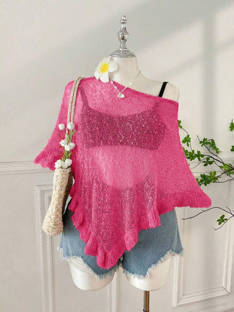 SHEIN EZwear Plus Size Women's Summer Outing & Beach Vacation Ruffled Semi-Sheer Crochet Sweater | SHEIN