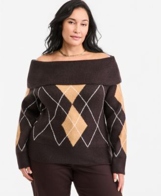 On 34th Plus Size Off-the-Shoulder Argyle Sweater, Macy's Exclusive - Med Grey Htr Cb | Macy's