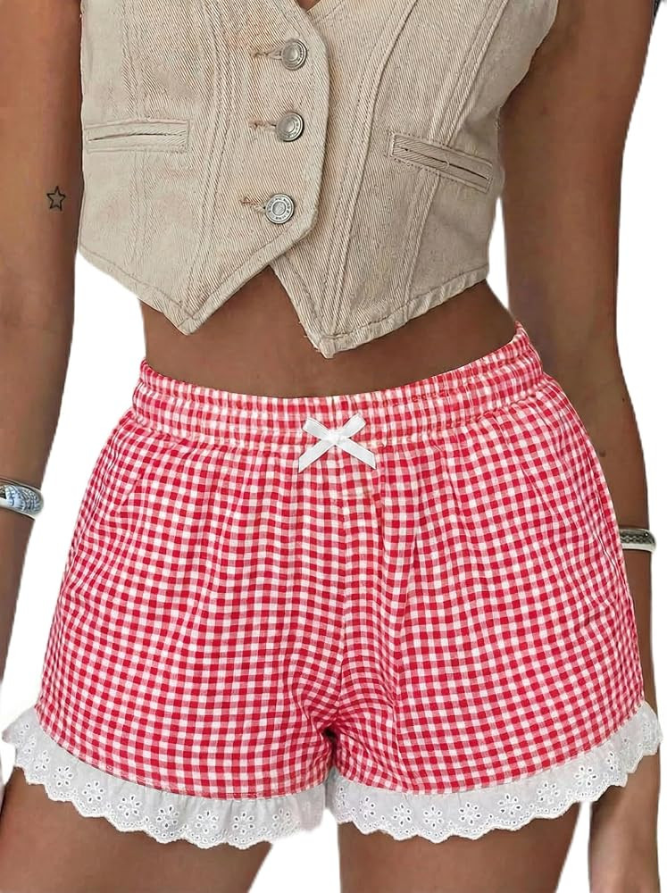 Boxer Shorts for Women Pajama Gingham Shorts Casual Lounge Sleep Plaid Y2K Beach Bottoms for 2026... | Amazon (US)