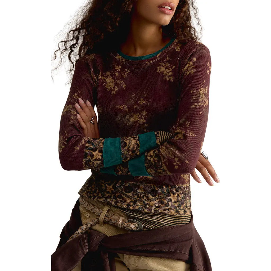 Free People Easy Does It Floral Rib Stretch Cotton Top in Wine Combo at Nordstrom, Size Large | Nordstrom