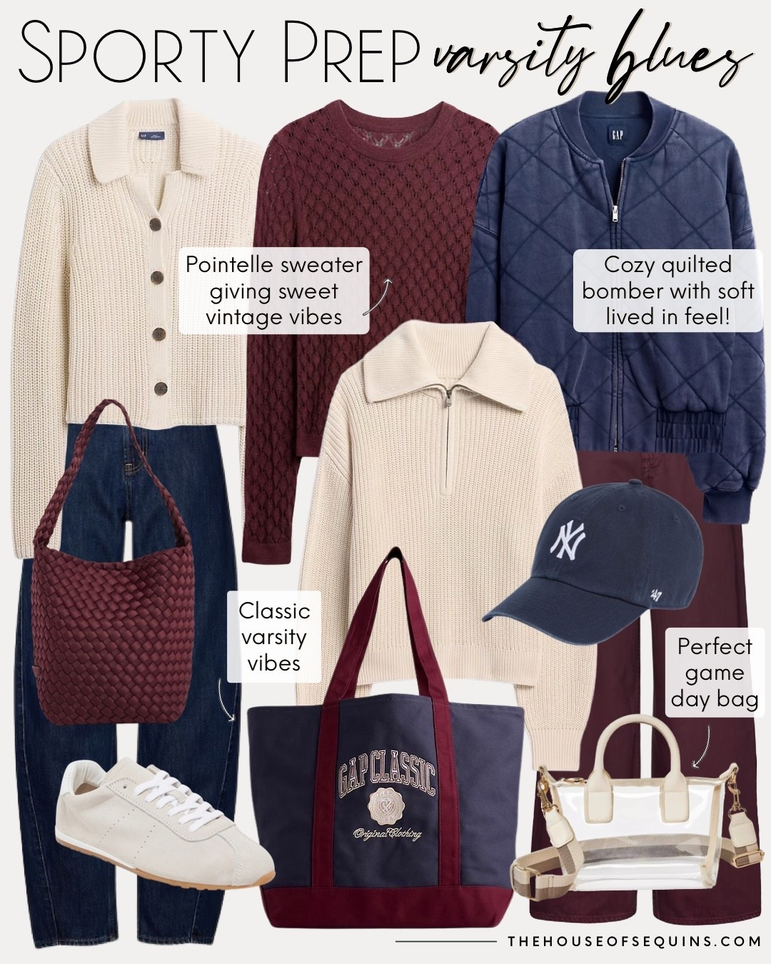 Shop back to school vintage varsity fall outfits! Preppy outfit, Baggy jeans, burgundy bag, pointelle sweater, game day bag, clear bag, vintage sneakers, baseball cap, polo sweater, collared cardigan, Nagheti tote bag, quilted jacket, varsity canvas bag and more! 

#LTKSaleAlert #LTKFindsUnder100 #LTKFindsUnder50
