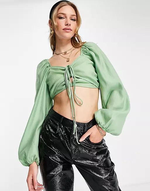 Topshop ruched cut out baloon sleeve top in green | ASOS (Global)