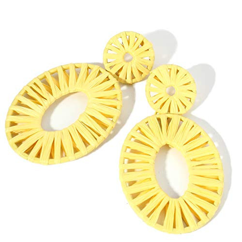 Statement Raffia Earrings Boho Drop Dangle Earrings for Women Handmade Fashion Earring Bohemian Gift Jewelry(Yellow) | Amazon (US)
