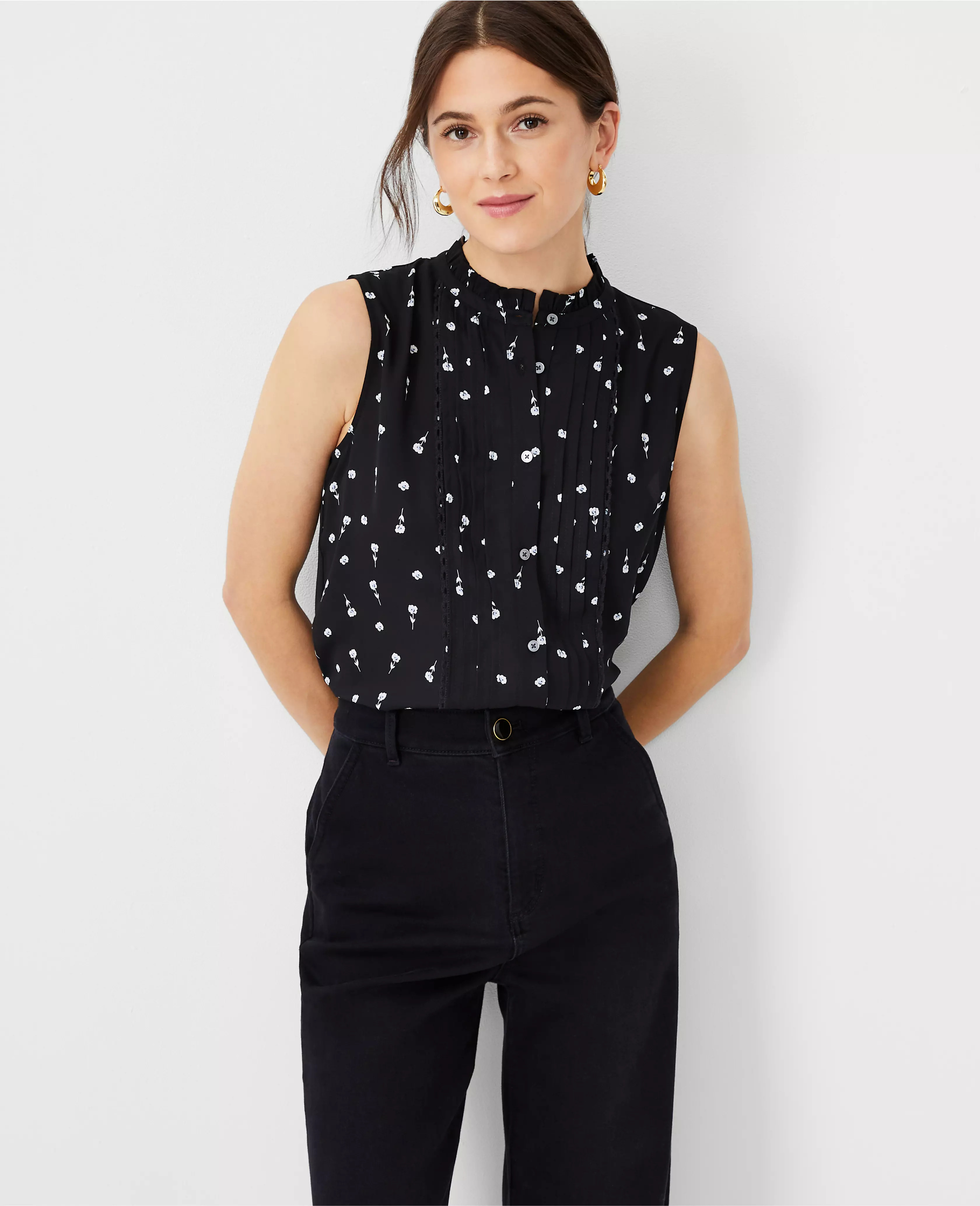 Floral Pintucked Mixed Media Shell | Ann Taylor (US)