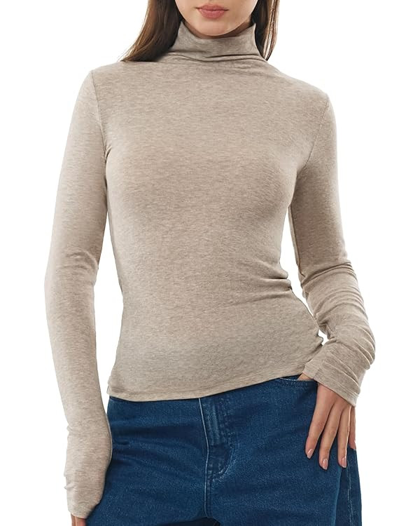 Women's Turtleneck Long Sleeve Merino Wool Blend Shirts Fitted Going Out Tops Basic Tees Cozy Emb... | Amazon (US)