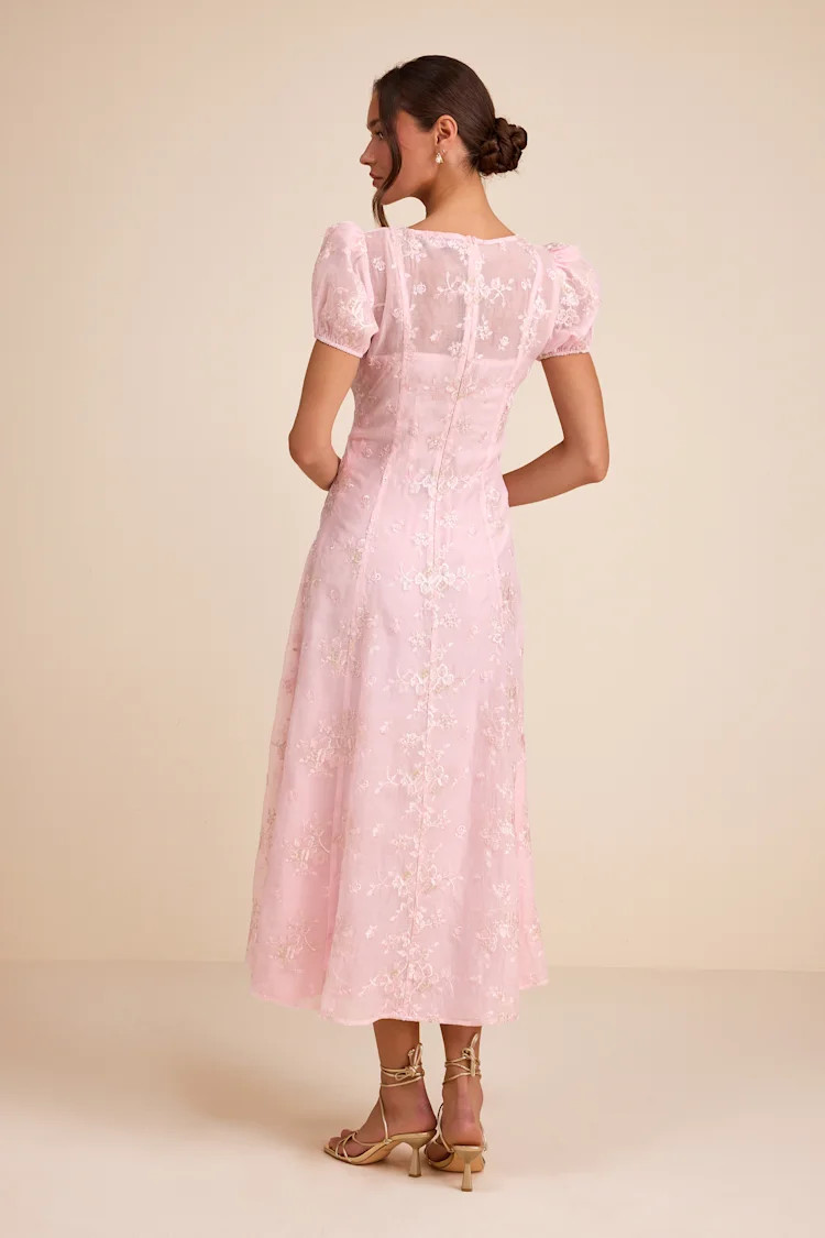 Elfrieda Blush Floral Embroidered Puff Sleeve Midi Dress | Lulus