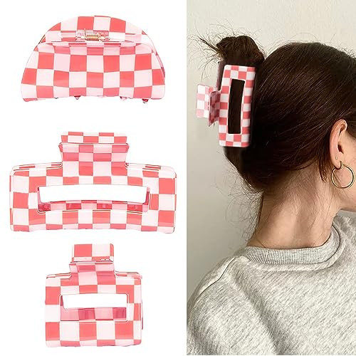Bmobuo Pink & White Checkered Hair Clips (3 Count) - Vintage Aesthetic Y2K Hair Accessories for Women Girls, Claw Clips for Thick Thin Hair, 3Pcs Set with Square, Semicircle, Rectangle Shapes | Amazon (US)