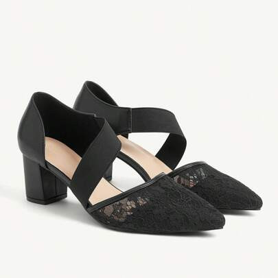 Women's Summer New Lace Mesh Breathable Elastic Pointed Toe Chunky Heel Elegant Graceful Lace Wedding Black High Heels, Hollow Slip-On Formal Party Ba | SHEIN
