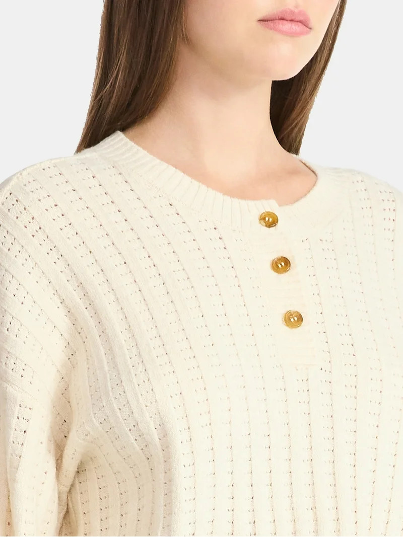 No Boundaries Pointelle Henley Pullover, Women's | Walmart (US)