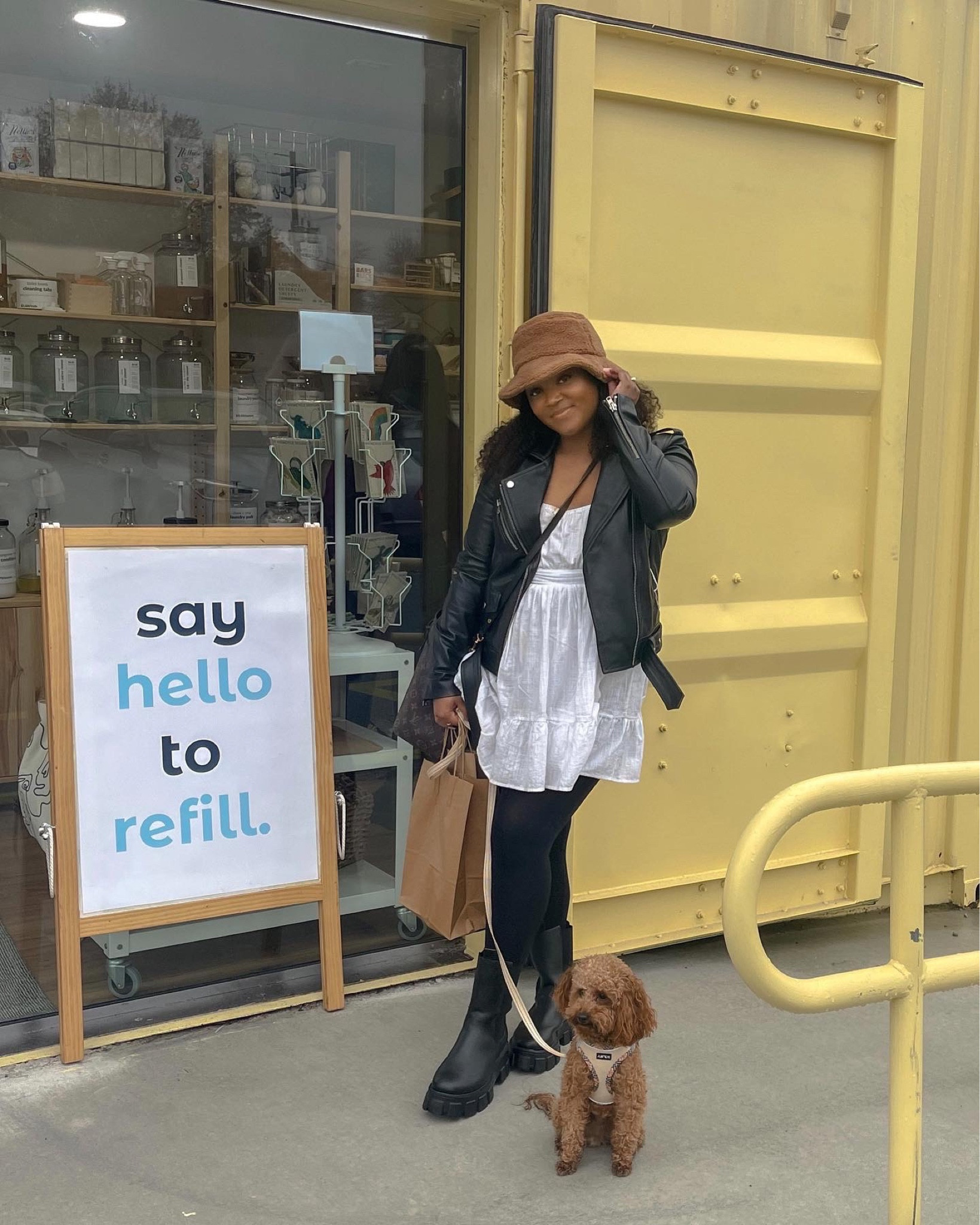 Leather jacket outdoor casual chic outfit while vintage shopping 🤍 #chelseaboots #furbuckethat

#LTKHoliday #LTKsalealert #LTKxAF
