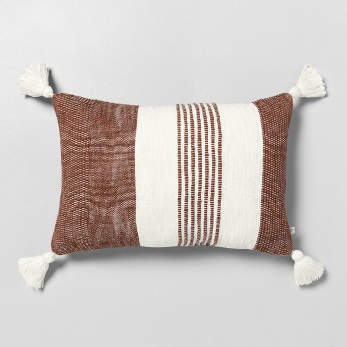 14" x 20" Center Stripe Tassel Throw Pillow Pumpkin Brown / Sour Cream - Hearth & Hand™ with Ma... | Target