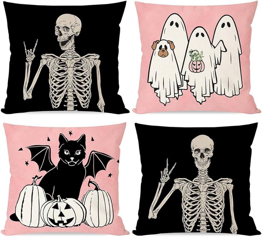 PANDICORN Halloween Pillow Covers 18x18 Set of 4 Pink Ghost Black Cat Skeleton Dog Halloween Pill... | Amazon (US)