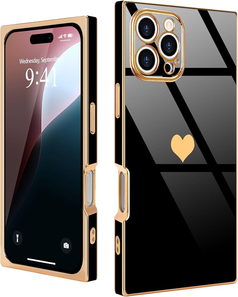 for iPhone 16 Pro Max Case Rectangle for Women Girls Cute Love Heart Pattern Luxury Plating Gold ... | Amazon (US)