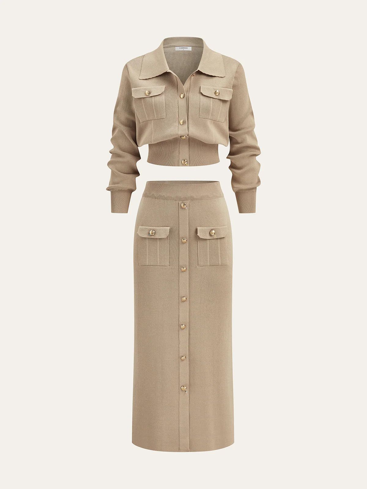 Metal Button Collared Cardigan and Midi Skirt Set | Commense