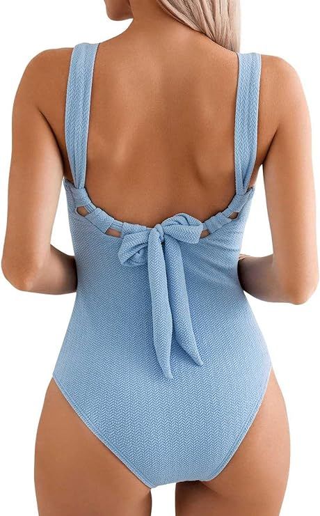 Floerns Women's One Piece Swimsuit Backless Square Neck Tie Back Monokini Swimwear | Amazon (US)