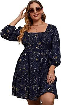 Floerns Women's Plus Size Printed Casual Square Neck Puff Sleeve A Line Dress | Amazon (US)