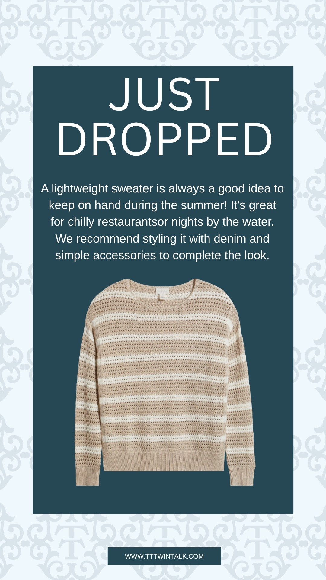 A lightweight sweater is always a good idea to keep on hand during the summer! It's great for chilly restaurantsor nights by the water. We recommend styling it with denim and simple accessories to complete the look.

#LTKSeasonal #LTKOver40 #LTKMidsize