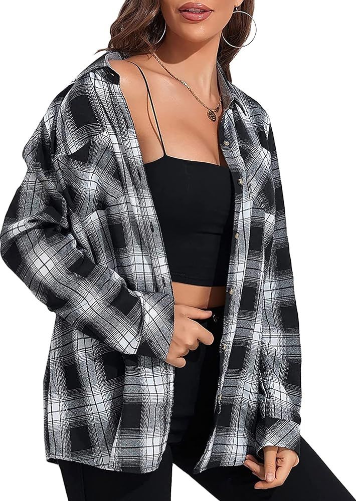 KevaMolly Plaid Long Sleeve Flannel Shirts for Women Loose Fit Boyfriend Button Down Shirt Casual... | Amazon (US)