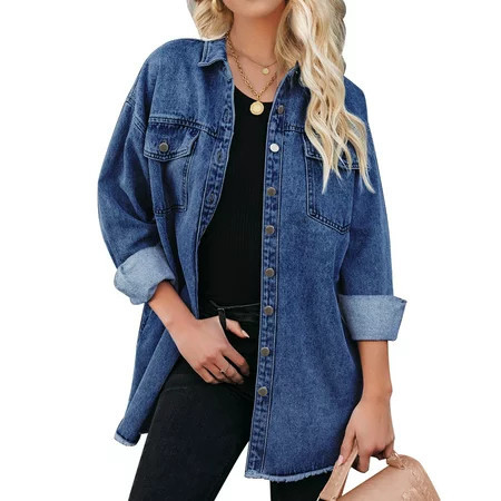 Luvamia Oversized Frayed Hem Shacket Long Sleeve Pockets Denim Jean Jacket S Fit Size 4-6 | Walmart (US)