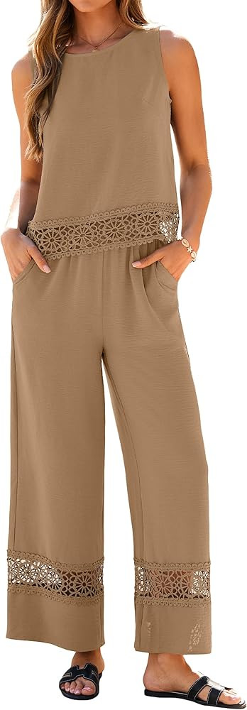 Glamaker Summer Pants Sets Womens 2 Piece Outfits Sleeveless Crop Top Round Neck Lace Wide Leg Be... | Amazon (US)