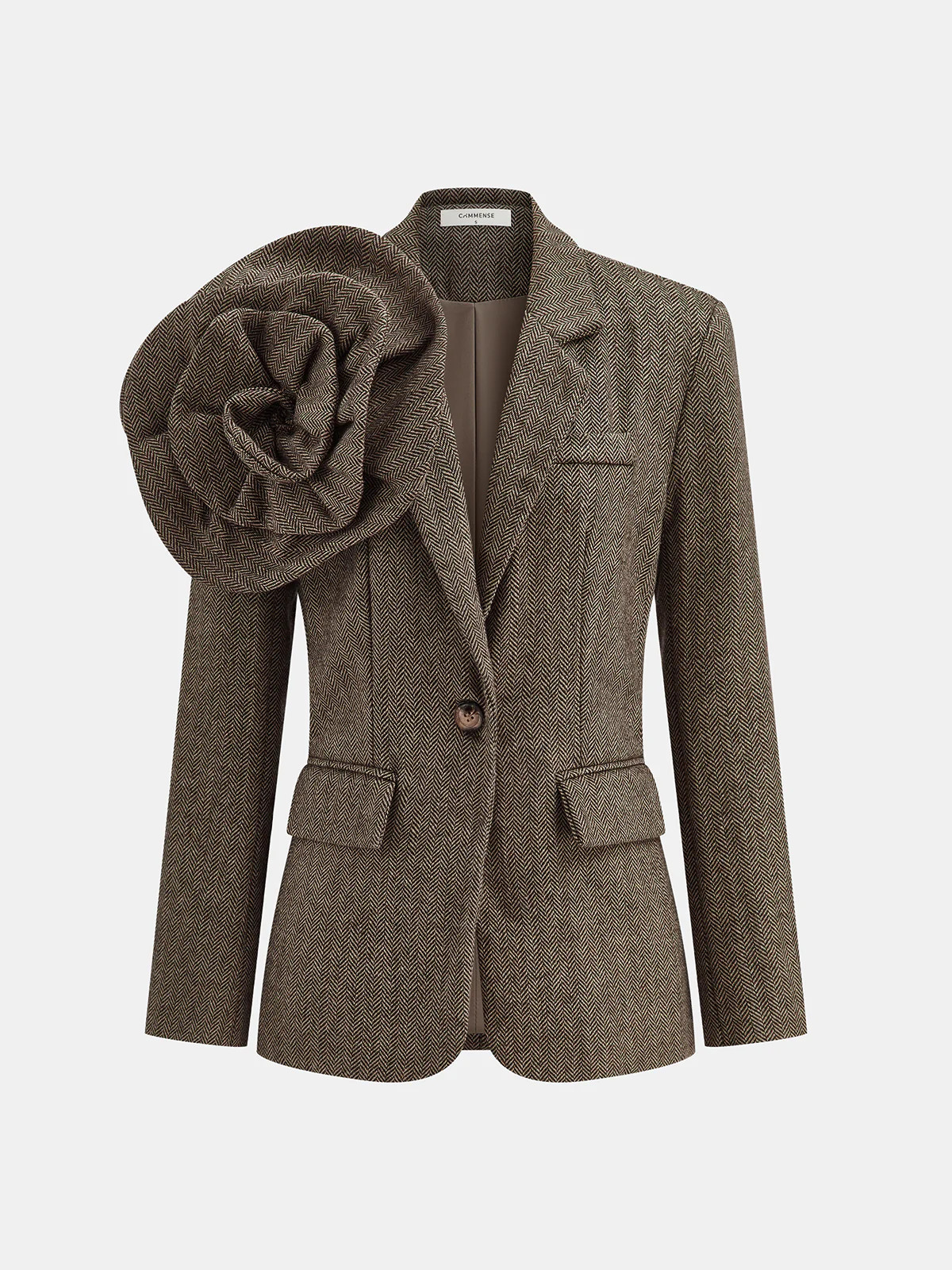 Large 3D Flower Single Button Tweed Blazer | Commense