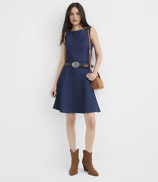 Loft Seamed Denim Flare Mini Pocket Dress in Classic Indigo Wash | LOFT