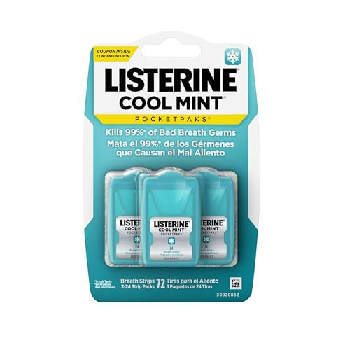 Listerine Cool Mint PocketPaks Portable Breath Strips for Bad Breath, Fresh Breath Strips to Kill 99% of Bad Breath Germs* On-The-Go, Cool Mint Flavor, 72 Per Pack (3x24) - (Pack of 6) | Amazon (US)