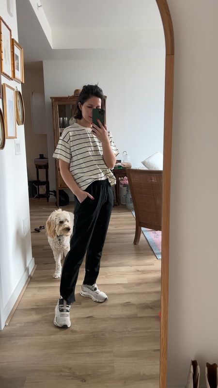Tee - size xs
Pants - xs im 5’1” petite 

Striped shirts, striped tee, black pants, light weight pants, errands outfit, on sneakers, marine layer, casual, petite, over 30, cropped pants, travel outfit 

#LTKfindsunder100 #LTKVideo #LTKfindsunder50