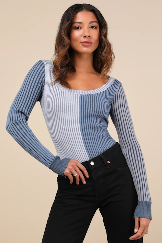 Mod Cutie Blue Color Block Ribbed Long Sleeve Bodysuit | Lulus