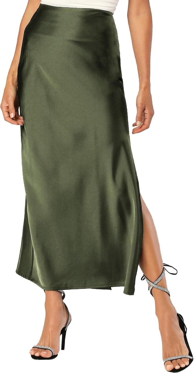 Womens Satin Silk Maxi Slit Skirt Elastic Waistband Leopard Print Maxi Long Satin Slit Skirts for Women | Amazon (US)
