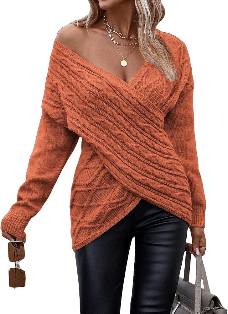 Womens Casual V Neck Long Sleeve Sweaters Cross Wrap Front Cable Knit Pullover Sweater Jumper Top... | Amazon (US)