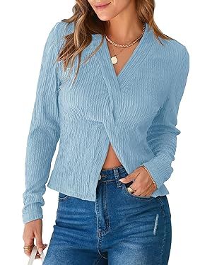 Tankaneo Womens Long Sleeve Blouses Tops Twist Front Textured V Neck Slim Fit Tee Shirts | Amazon (US)