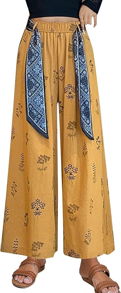HangNiFang Floral Wide Leg Linen Pants for Women Yoga Boho Palazzo Silk Scarf Belt Pants with Poc... | Amazon (US)