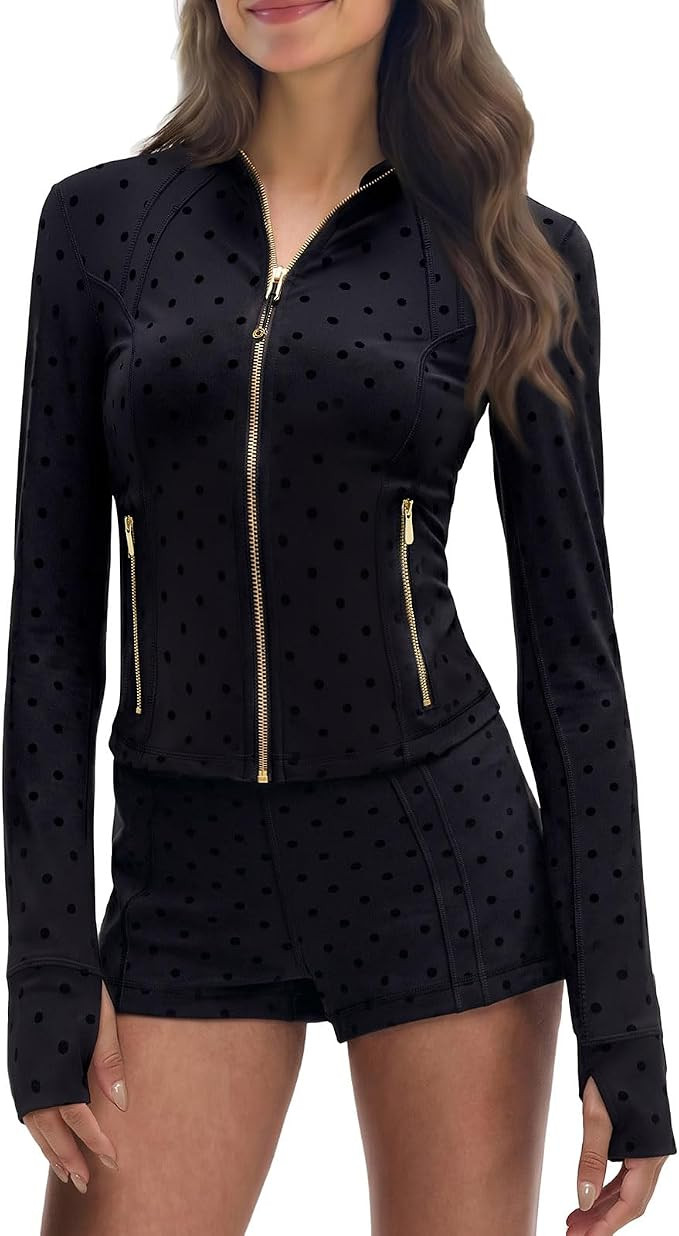 SUUKSESS Women Golden Zipper Lightweight Cropped Jackets with Thumb Holes | Amazon (US)