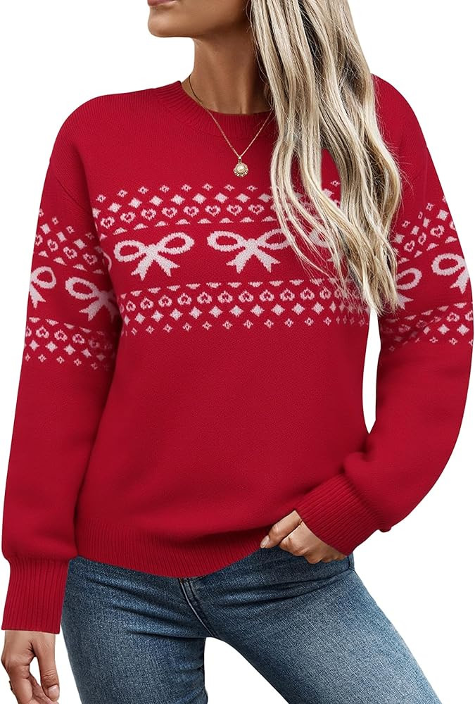 ECOWISH Bow Sweater Women Christmas Casual Long Sleeve Knit Tops Crew Neck Jumper Pullover Oversi... | Amazon (US)