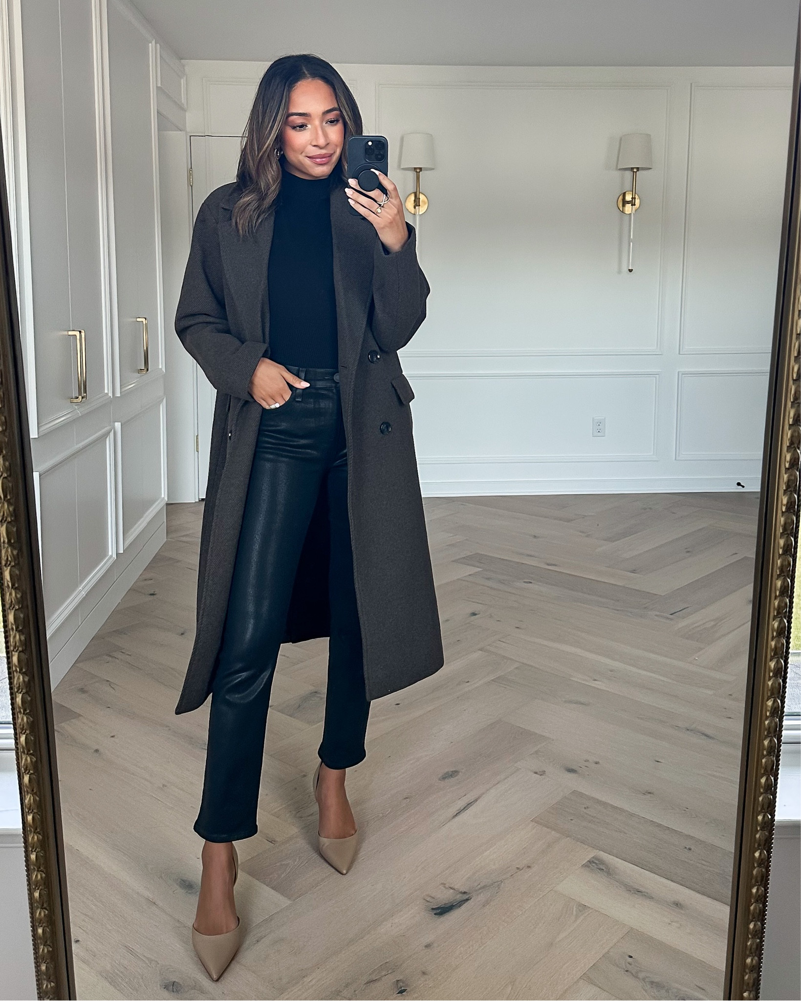 Nordstrom anniversary sale outfit 🖤 wearing a small in long top coat (oversized fit), XXS in black mock neck top (runs large), 26 in black coated denim (tts) and nude pumps run tts. 

#LTKstyletip #LTKxNSale #LTKunder100