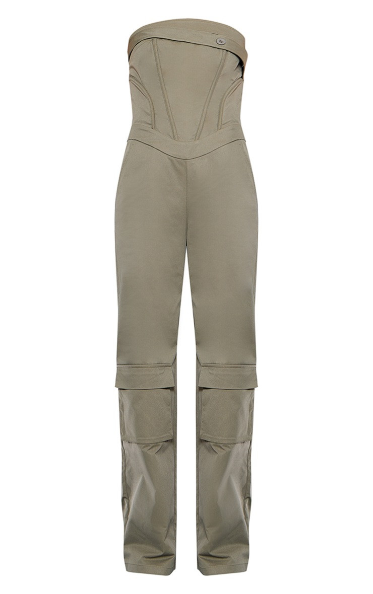 Khaki Corset Detail Utility Flared Bandeau Jumpsuit | PrettyLittleThing US