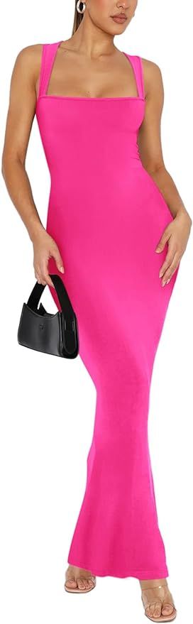REORIA Women's 2024 Trendy Sexy Square Neck Lounge Long Dress Elegant Sleeveless Ribbed Bodycon M... | Amazon (US)