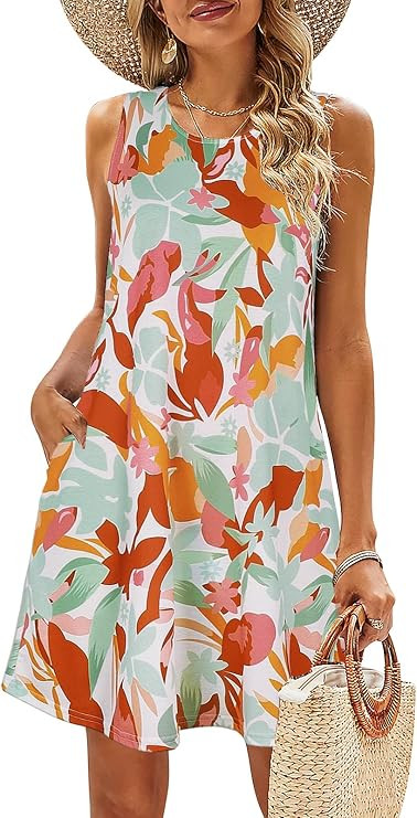 SimpleFun Summer Dresses for Women Beach Floral Tshirt Sundress Casual Pockets Boho Tank Dress | Amazon (US)
