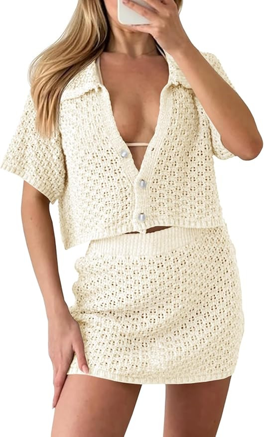 Saodimallsu Women 2 Piece Cover Up Set Crochet Beach Summer Knit Button Short Sleeve Crop Top Min... | Amazon (US)