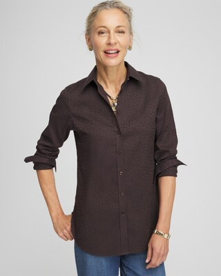 Women's No Iron™ Animal Print Jacquard Shirt in Cocoa Bean/black size XXL | Chico's | Chico's
