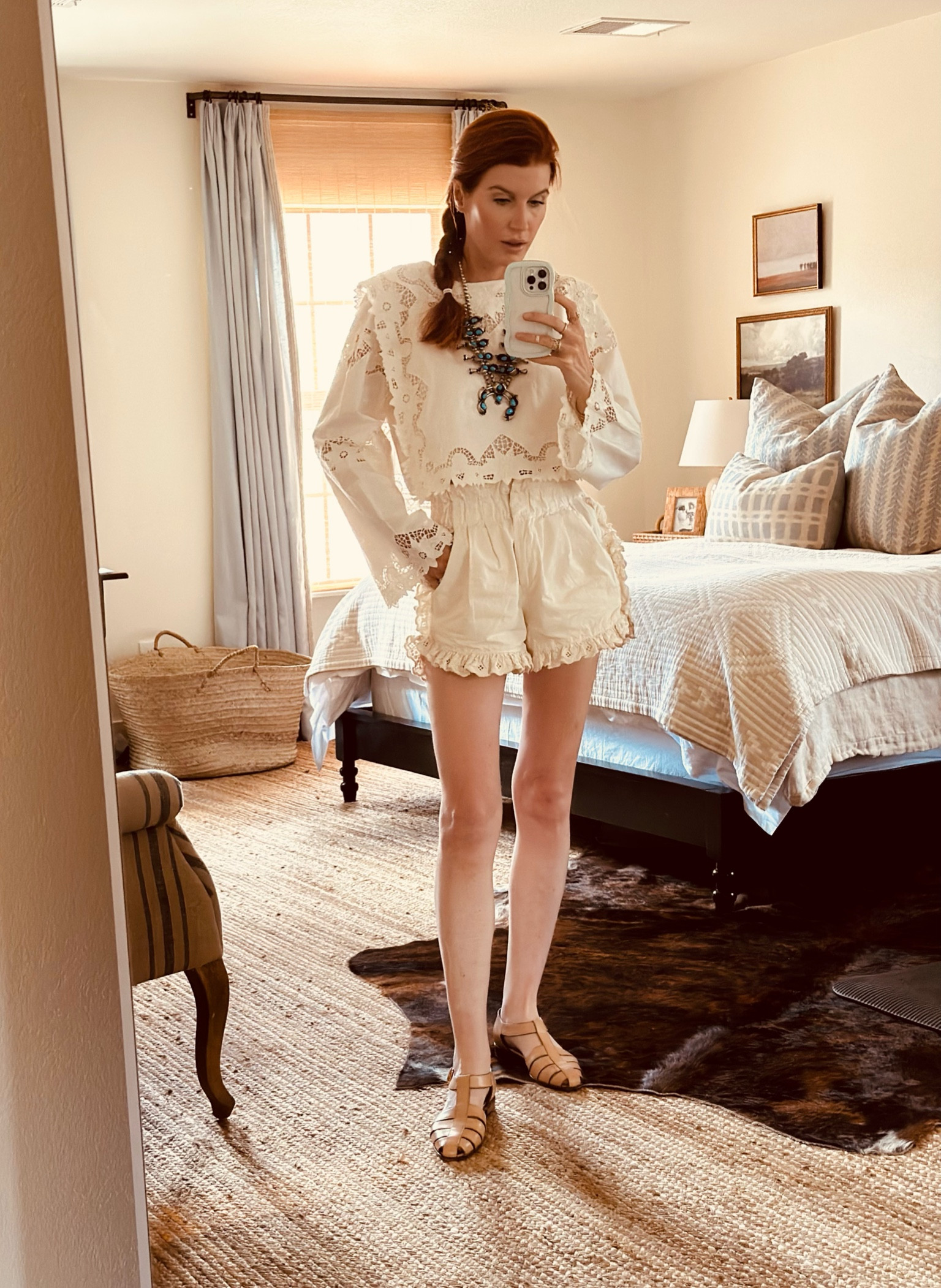 MY LOOK IS ON MAJOR SALE
Date night! Baxter and I are headed to an early date night in the town over. There is a restaurant I’ve been wanting to try - the images on the website look mouthwatering and it has a great reputation. Everything is casual in this part of the state so this outfit works well. 
I added the squash blossom necklace you guys have seen before, which really makes the look. 
My shoes are from ODP which was founded by a Texas woman living and producing in Italy. I don’t have many Italian shoes, especially casual ones, but you can tell a difference. These are produced when you order and they are so soft and so comfortable and will clearly last for (decades?) They are something slightly different which makes my entire look more special.


#LTKeurope #LTKworkwear #LTKSeasonal